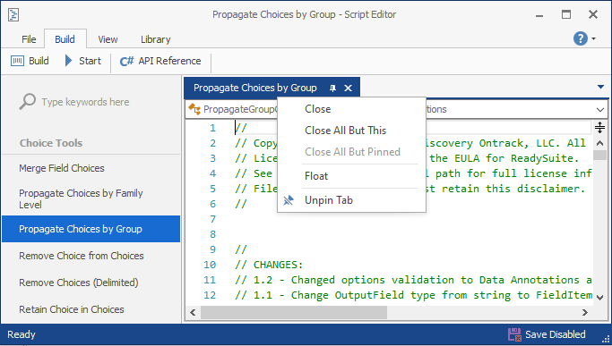 Script tab short-cut menu | ReadySuite® | Load File Tool